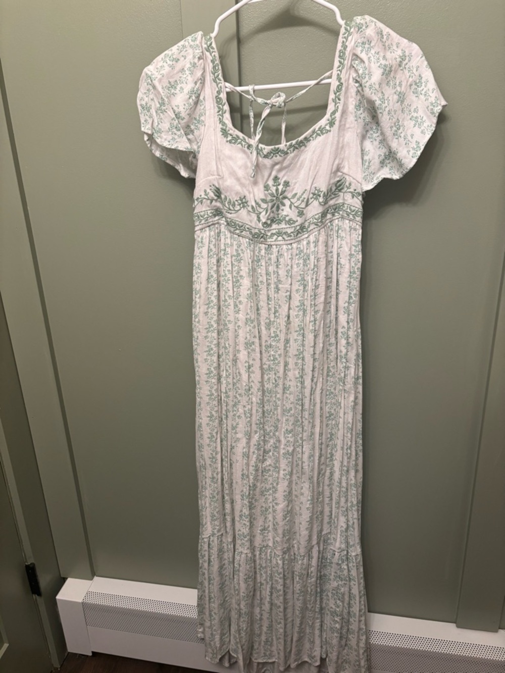 In Bloom White Dress with Sage Green Embroidery